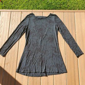 Black Navy Blue Floral Print Shirt Long Sleeve Top Low Back High Neck Tunic Boho